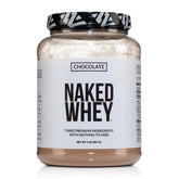 NAKED Whey chocolate protein powder bottle with three-ingredient formula for clean nutrition