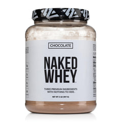 NAKED Whey chocolate protein powder bottle with three-ingredient formula for clean nutrition