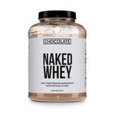 NAKED Whey chocolate tub with label, showcasing clean protein for post-workout recovery.