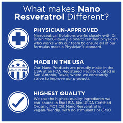 Close-up of label showing vegan, gluten-free, GMO-free Nanoceutical Solutions resveratrol.