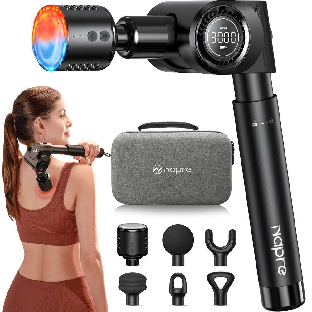 NAPRE Massage Gun with heat head for soothing warmth and targeted relief after workouts.