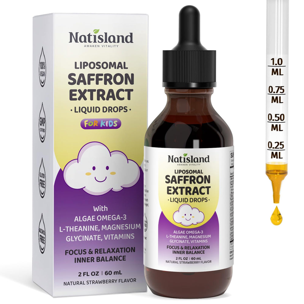 NATISLAND liposomal saffron drops bottle for kids supports focus during study