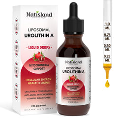 NATISLAND Liposomal Urolithin A bottle highlighting antioxidant support