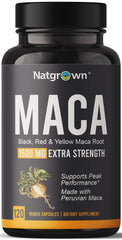 Natgrown Maca capsules in a bottle for convenient daily energy support.
