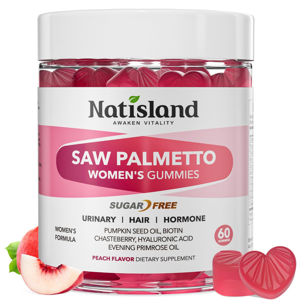 NATISLAND Saw Palmetto Gummies bottle promotes women's wellness and hair vitality