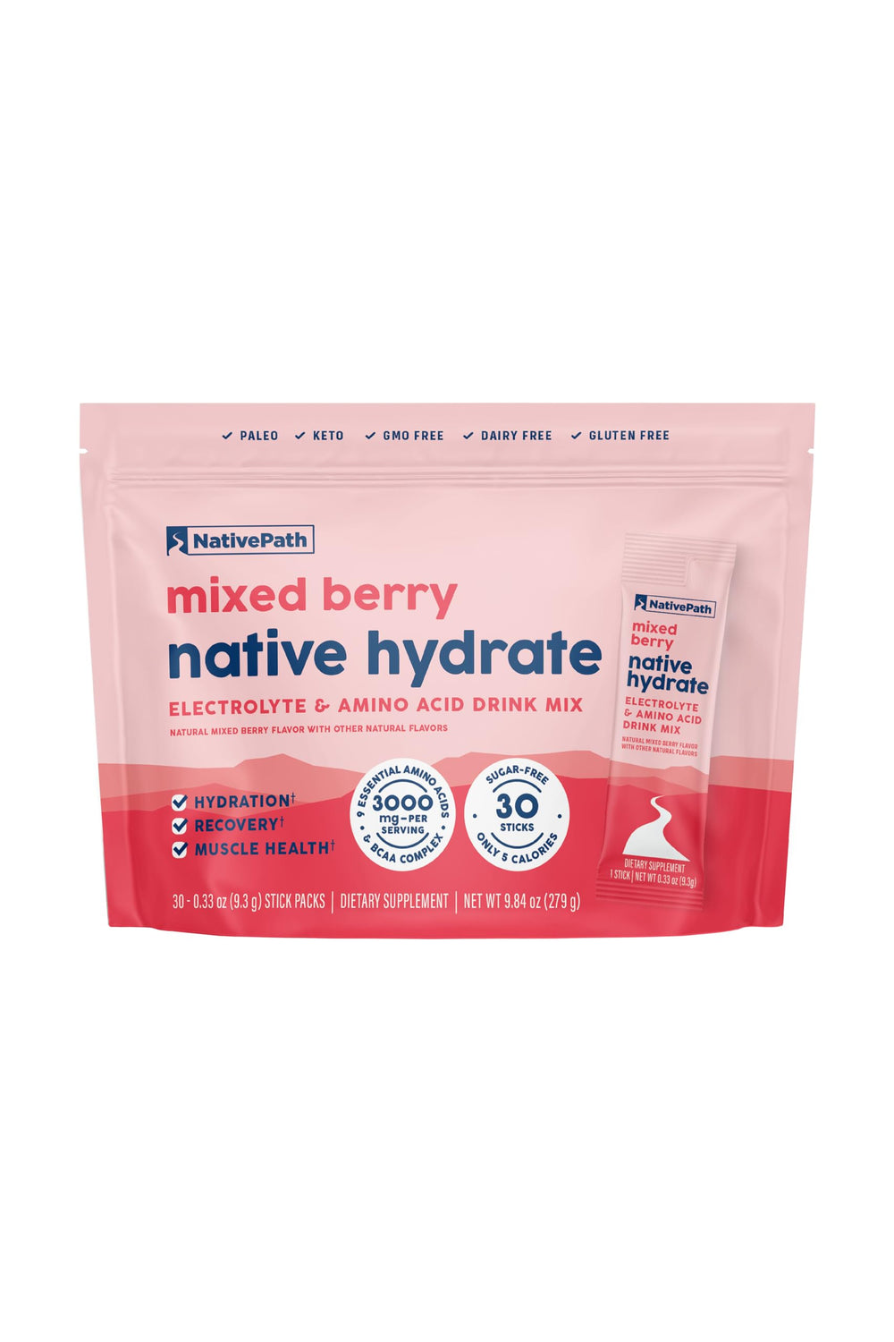 NativePath Hydrate berry stick pack for on-the-go hydration with zero sugar.