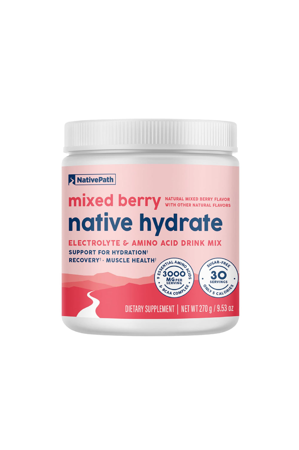 NativePath Native Hydrate mixed berry tub showing zero sugar formula for refreshing hydration