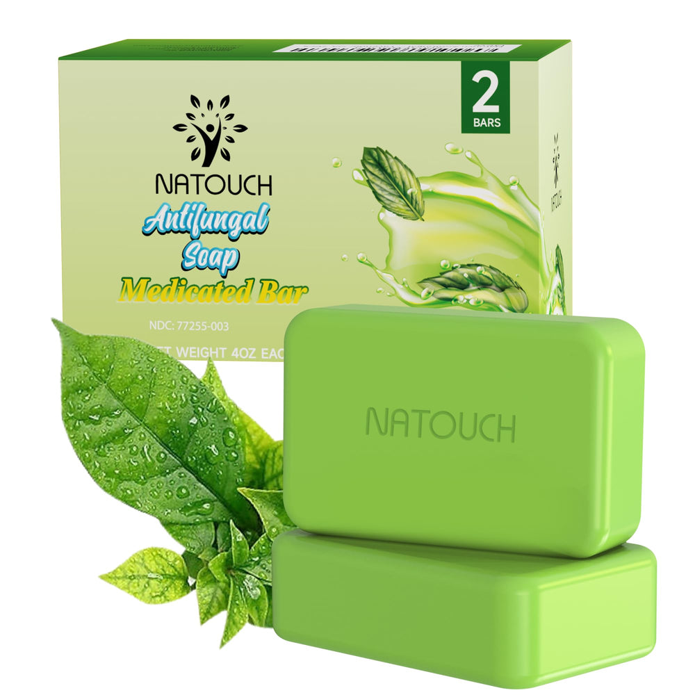 Natouch antifungal medicated soap bar close-up with tea tree oil for natural cleansing.
