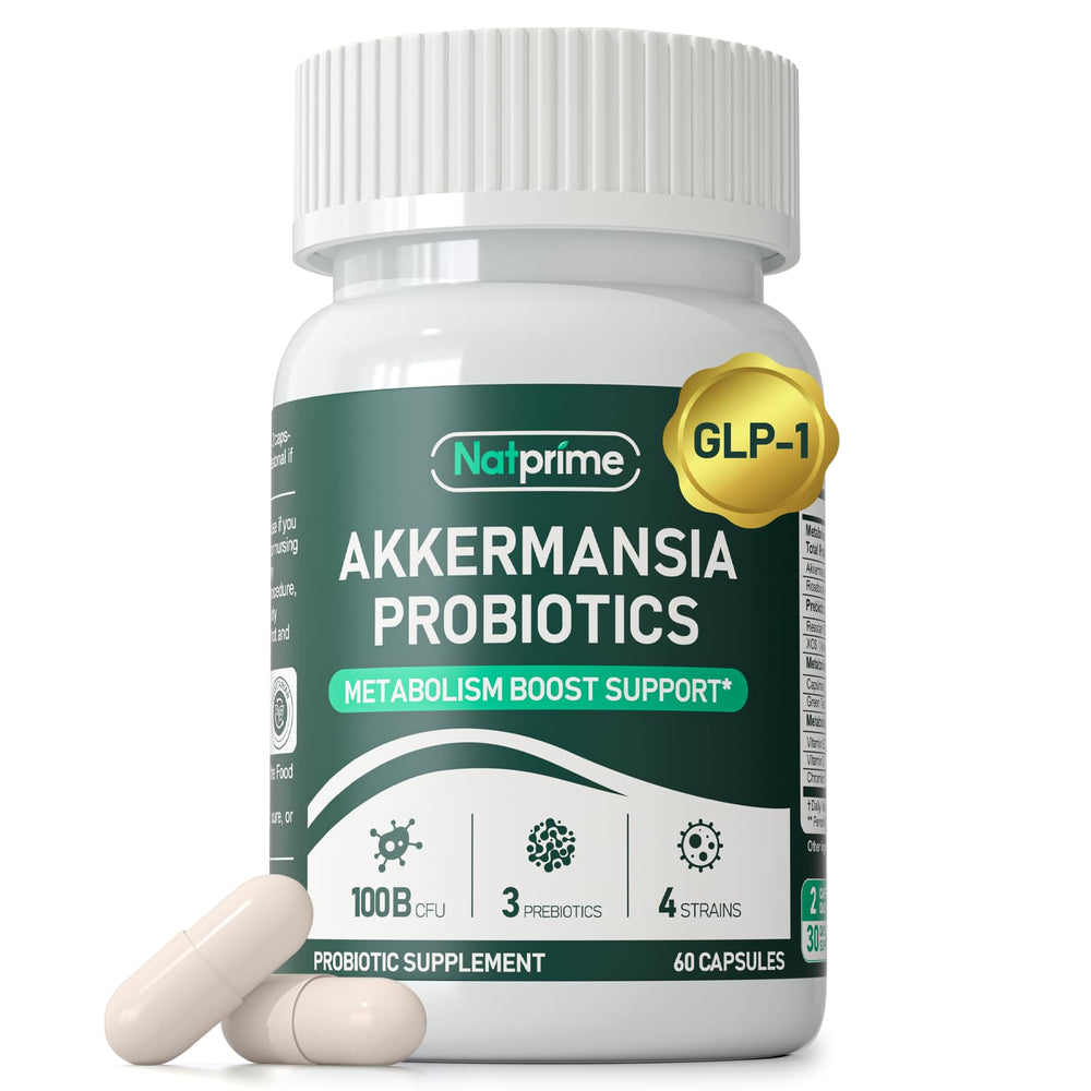 Natprime Akkermansia probiotic bottle pour highlighting gut health and metabolism balance