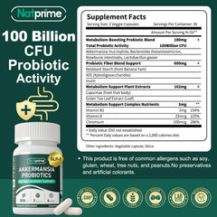 Natprime Akkermansia capsules closeup showing multi-strain probiotic for digestion