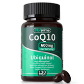 Natprime CoQ10 600mg softgels bottle on countertop for daily heart health