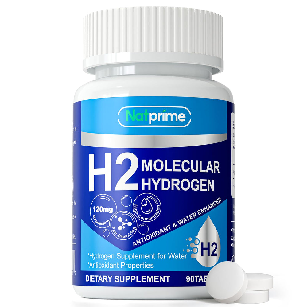 Natprime hydrogen water tablets packaging; 90-count bottle for daily hydration.