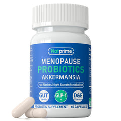 Natprime menopause bottle label shows a trusted probiotic for hormonal balance and comfort.