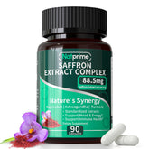 Natprime saffron extract capsules bottle shows branding for daily energy and mood support