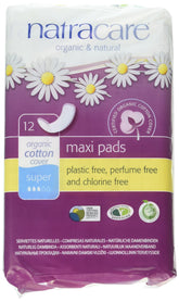 Natracare Maxi Pads Super with organic cotton cover and wings for secure fit and overnight protection