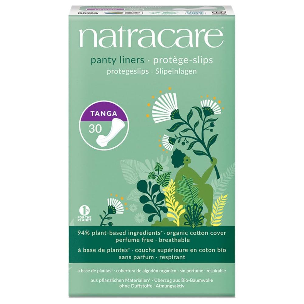 Natracare thong-style panty liner with breathable organic cotton cover for comfortable daily protection.