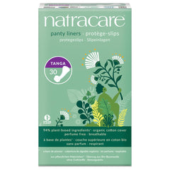 Natracare thong-style panty liner with breathable organic cotton cover for comfortable daily protection.