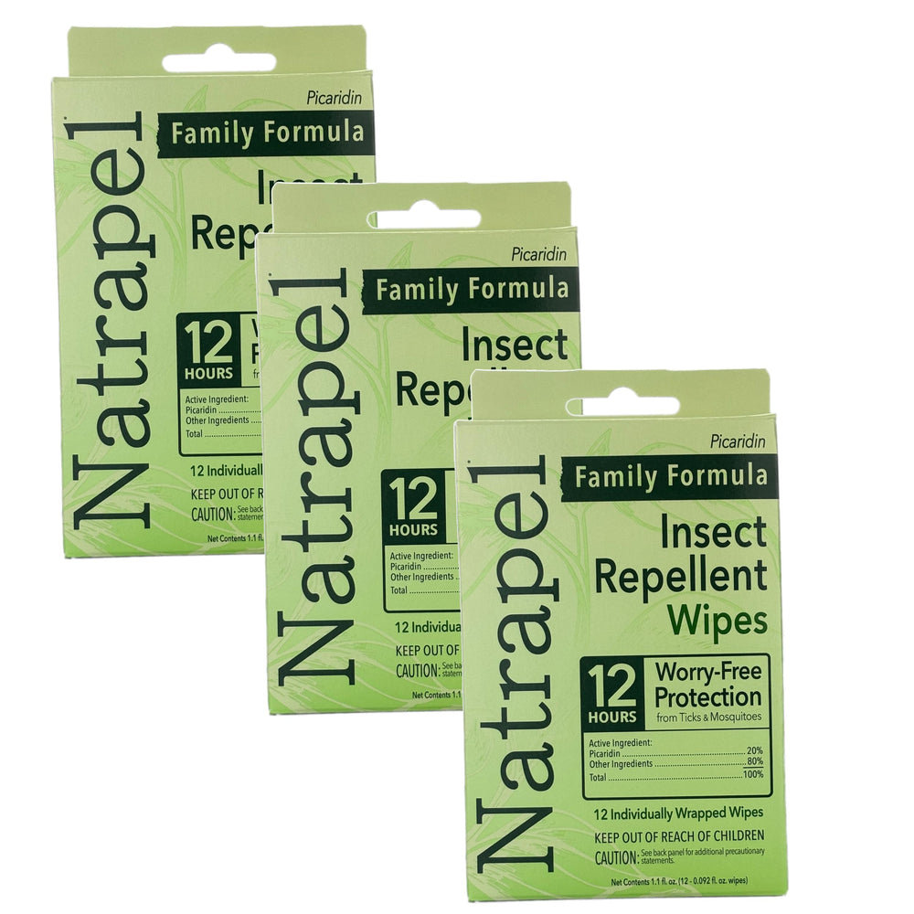 Natrapel Tick & Insect Wipes pack shot showing 12 wipes for on-the-go protection