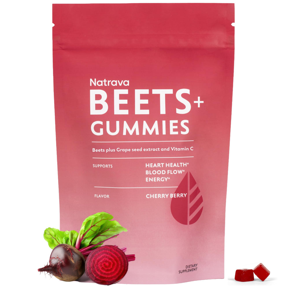 Natrava Beets+ Gummies bottle shown for convenient daily heart health support.