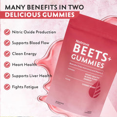 Natrava Beets+ Gummies closeup reveals chewy texture and grape flavor.