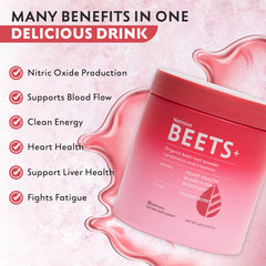 Natrava Beets+ powder in shake glass ready for energy support