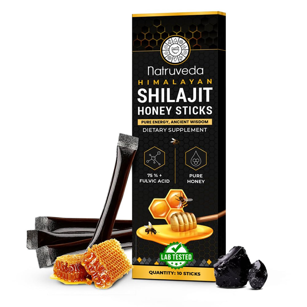 Envase individual Natruveda Miel Shilajit Himalaya para energía diaria.