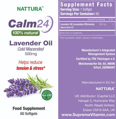 Nattura Calm Aid lavender softgel label highlights natural ingredients