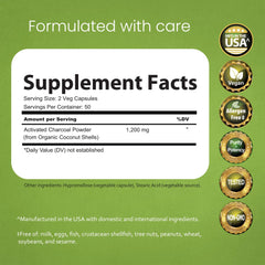 NaturaLife Labs activated charcoal capsules close-up showing vegan, non-GMO formula
