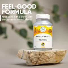 Natural Balance Happy Camper label details showcase GMP quality and 60-day guarantee.