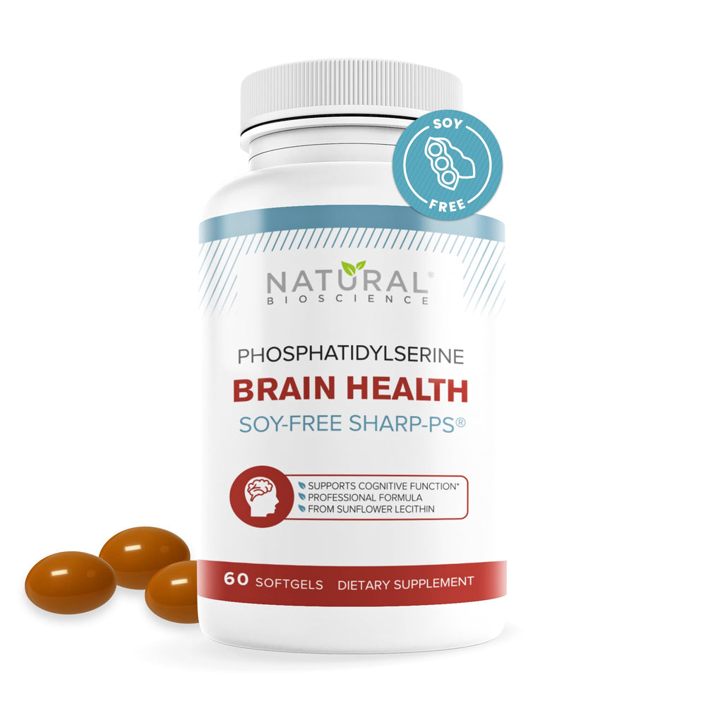 Natural BioScience PS100 softgel bottle emphasizes memory support.