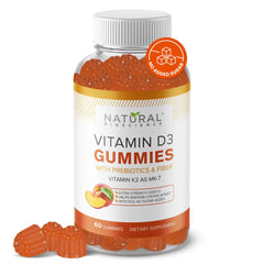 Natural BioScience sugar-free D3 K2 gummies bottle-front showing peach flavor and potency