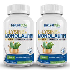 Natural Cure Labs L-Lysine + Monolaurin bottle shows 600 mg per serving for daily support.
