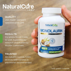 Natural Cure Labs monolaurin capsule close-up showing vegan formula.