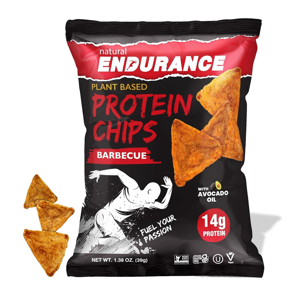 Natural Endurance Barbecue Chips bag shown for on-the-go high-protein snacking.
