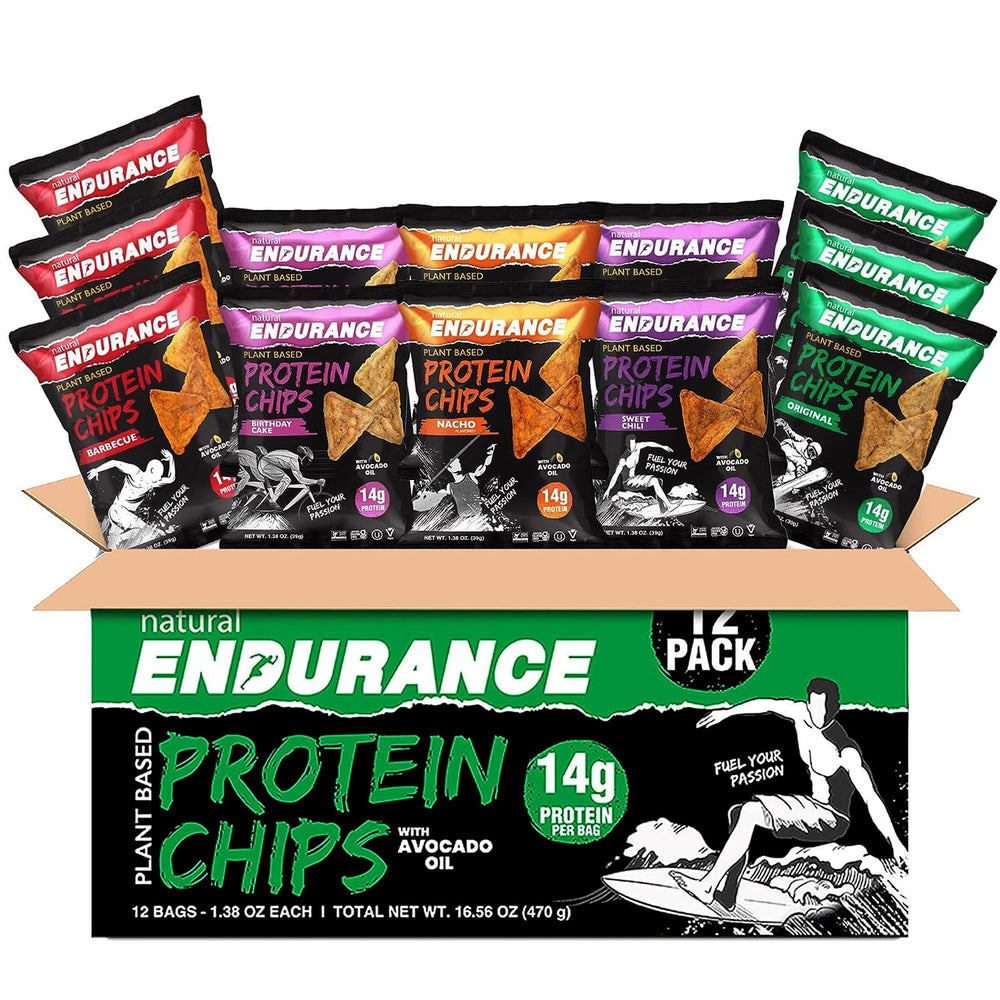 Natural Endurance Protein Chips Original bag open for quick, high-protein snack on the go