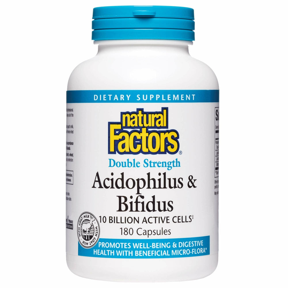 Natural Factors Acidophilus Bifidus bottle front showing double-strength probiotic formula for digestive support