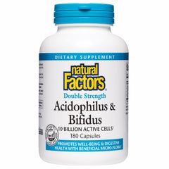 Natural Factors Acidophilus Bifidus bottle front showing double-strength probiotic formula for digestive support
