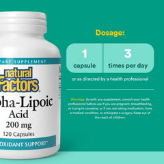Natural Factors Alpha-Lipoic Acid 200 mg label detail emphasizes purity and non-GMO integrity.