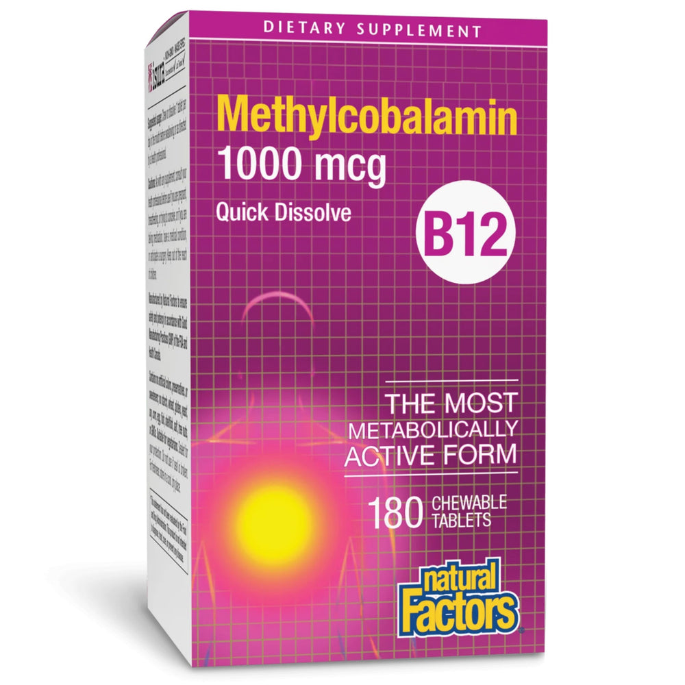Natural Factors B12 methylcobalamin 1000 mcg chewable tablets support daily energy metabolism.