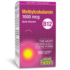Natural Factors B12 methylcobalamin 1000 mcg chewable tablets support daily energy metabolism.