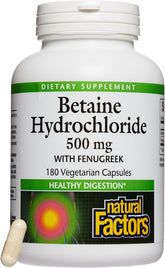 Natural Factors Betaine HCL 500 mg bottle shown for digestion support.