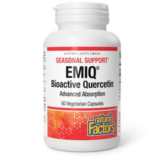 Natural Factors Bioactive Quercetin EMIQ bottle on a desk suggesting daily immune support.