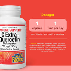 Natural Factors C Extra Quercetin label reading highlights vegan, non-GMO formulation.