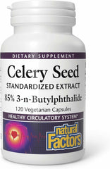 Natural Factors Celery Seed bottle on wood shows daily circulation support.