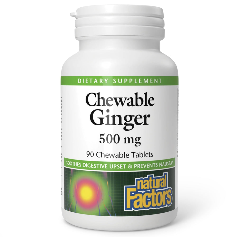 Natural Factors chewable ginger 500mg bottle showing convenient digestive support.