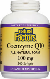 Natural Factors CoQ10 softgel bottle showing the high-absorption formula for energy support.