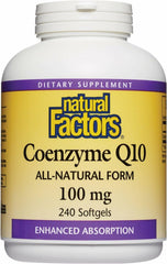 Natural Factors CoQ10 softgel bottle showing the high-absorption formula for energy support.