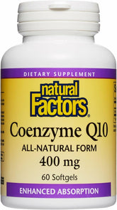 Natural Factors Coenzyme Q10 softgels bottle displayed for easy daily energy support.
