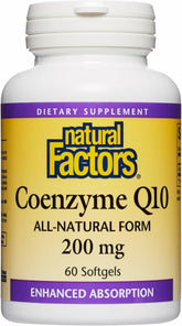 Natural Factors CoQ10 softgels in bottle support energy production.