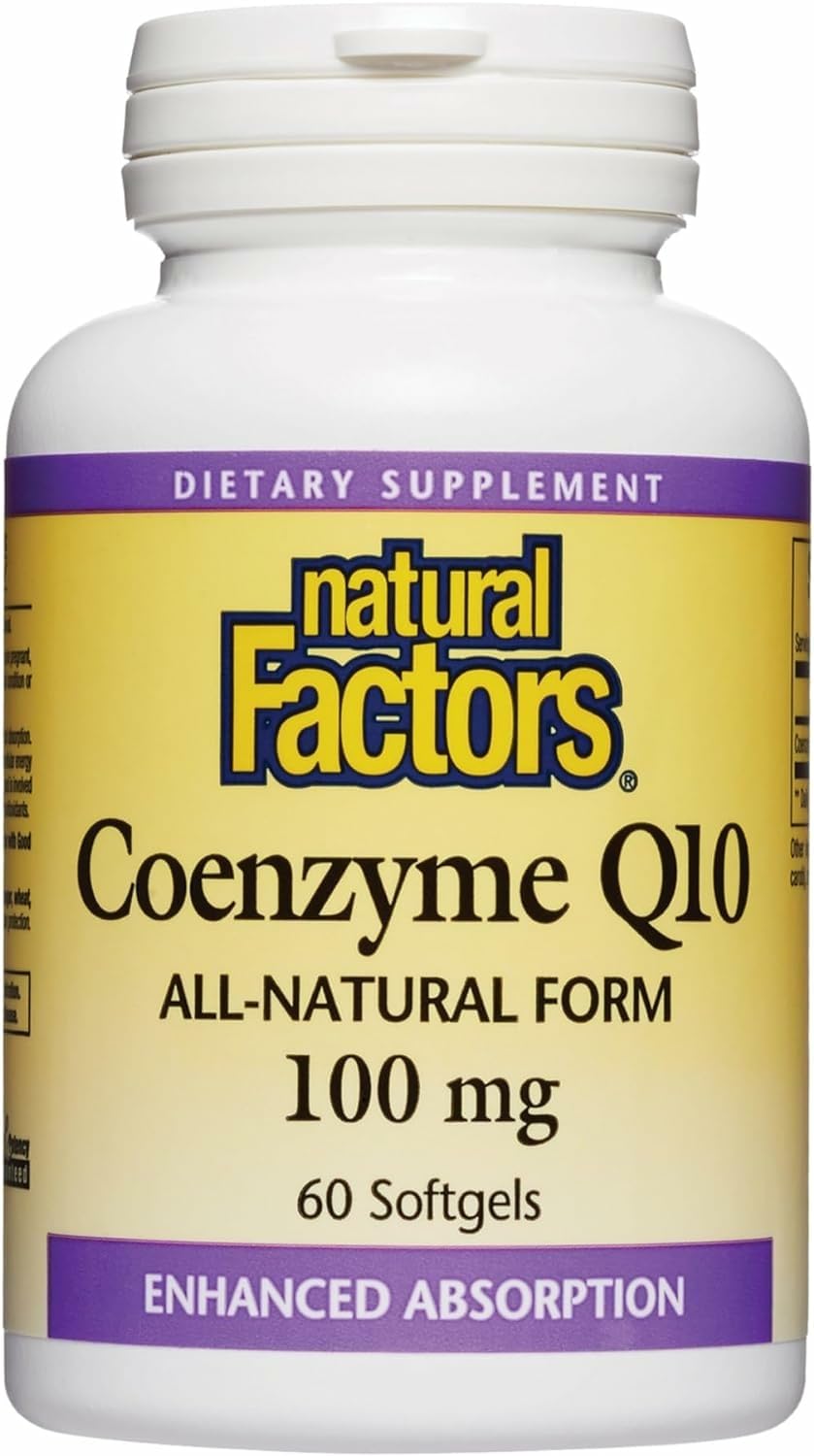 Natural Factors CoQ10 softgels bottle showing 60 servings for antioxidant support and energy